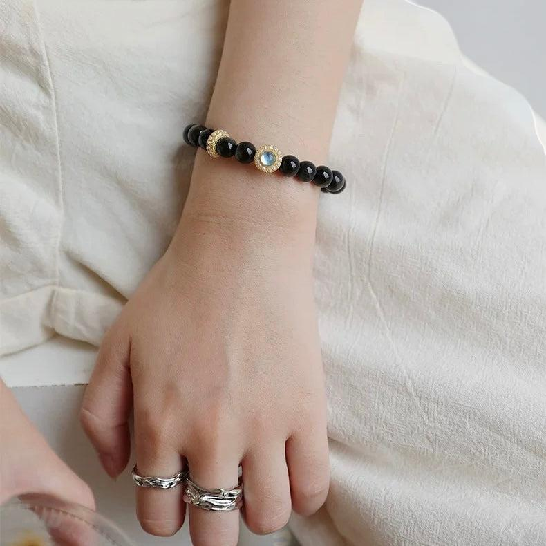 ATELIER-TIBET – Bracelet Obsidienne et Aigue Marine – Éclat Marin