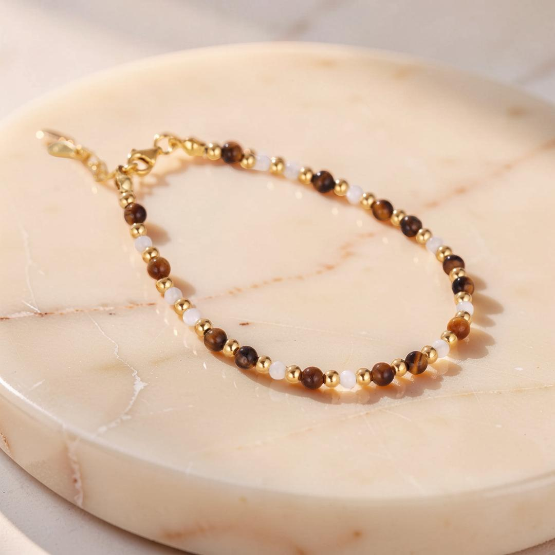 ATELIER-TIBET – Bracelet Œil de Tigre – Charme Royal, Argent Plaqué Or