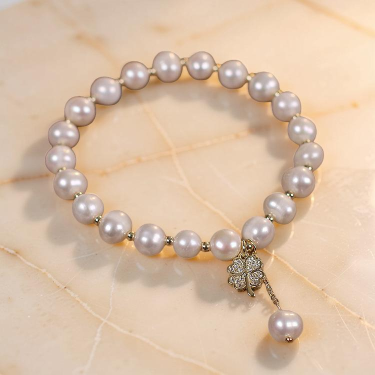 ATELIER-TIBET – Bracelet Perle d'Eau Douce – Trèfle à Quatre Feuilles