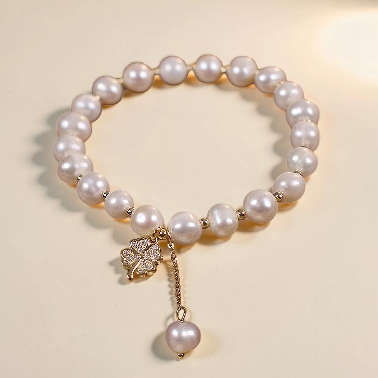 ATELIER-TIBET – Bracelet Perle d'Eau Douce – Trèfle à Quatre Feuilles