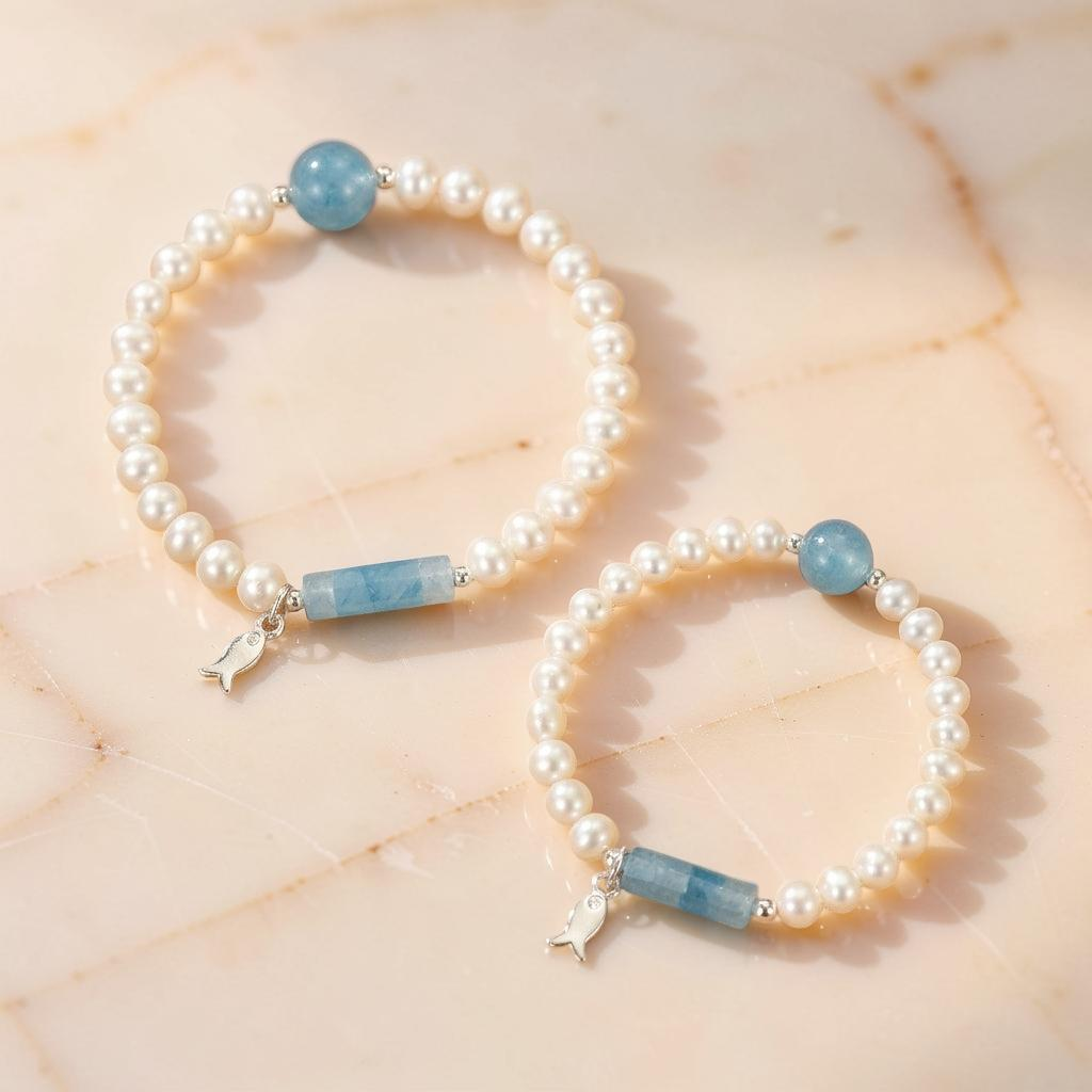 ATELIER-TIBET – Bracelet Perle et Aigue-marine – Douce Harmonie, Argent