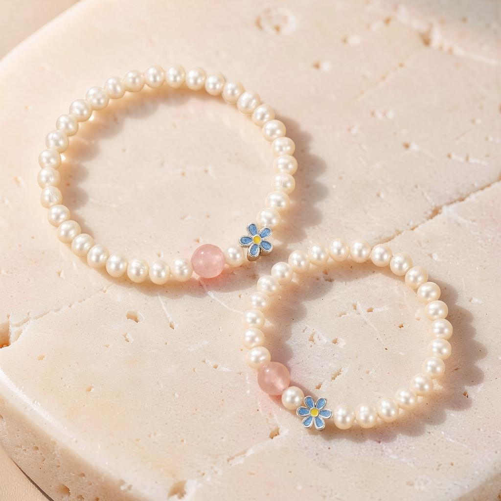 ATELIER-TIBET – Bracelet Perle et Quartz Rose – Tendresse Fleurie, Argent Pur