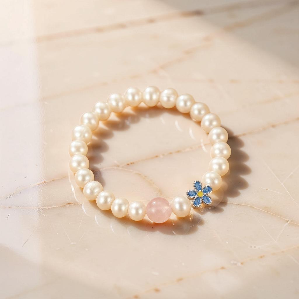 ATELIER-TIBET – Bracelet Perle et Quartz Rose – Tendresse Fleurie, Argent Pur