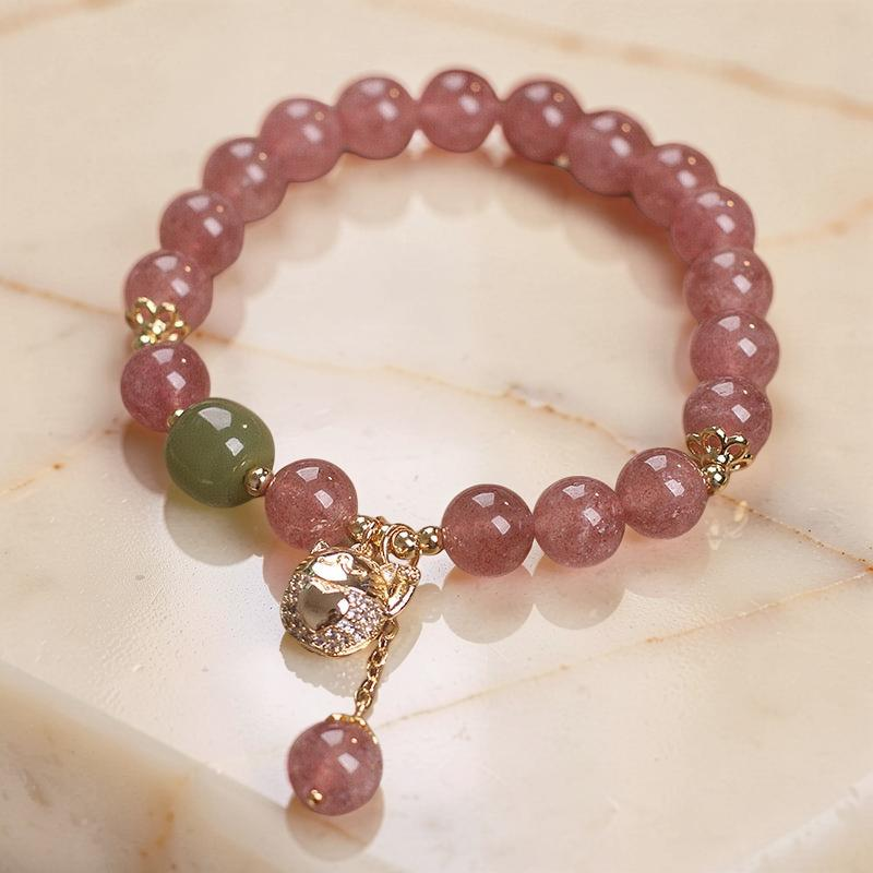ATELIER-TIBET – Bracelet Quartz Fraise – Maneki-neko, Argent Plaqué Or