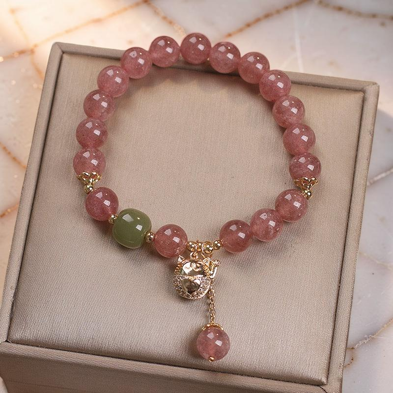 ATELIER-TIBET – Bracelet Quartz Fraise – Maneki-neko, Argent Plaqué Or