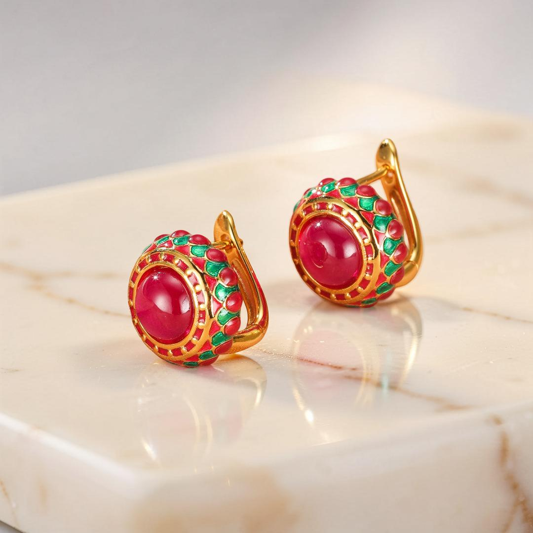 ATELIER-TIBET – Boucles d’Oreilles Cornaline – Rosace Royale, Argent Émaillé