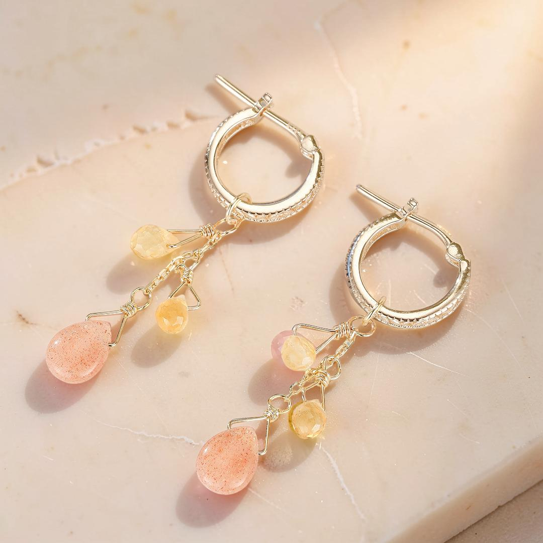 ATELIER-TIBET – Boucles d'Oreilles Pierre de Soleil et Citrine – Rayons Bohèmes, Argent Plaqué Or