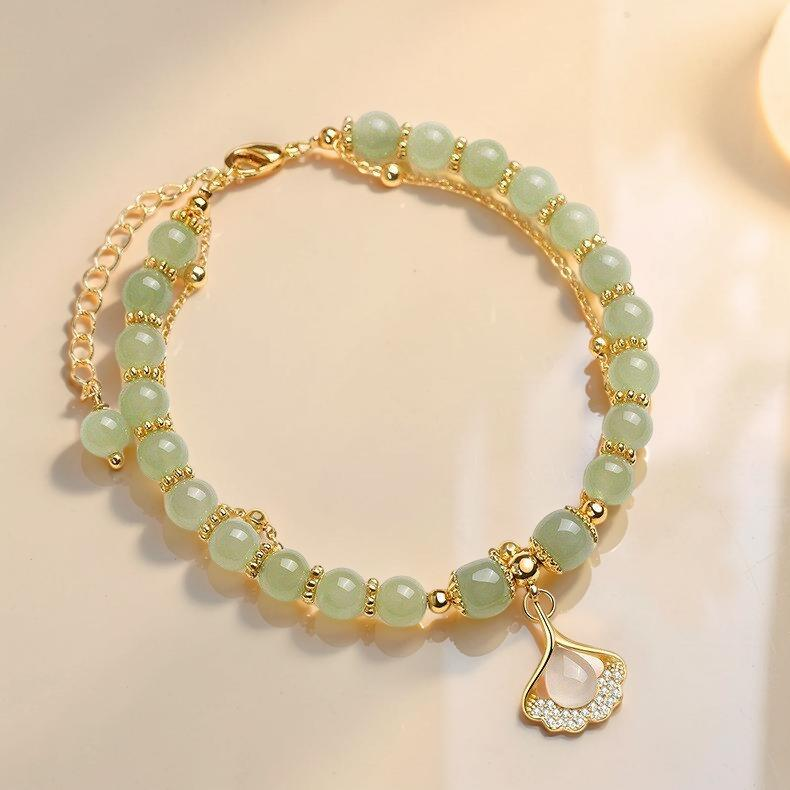 ATELIER-TIBET – Bracelet Jade – Feuille Ginkgo, Argent Plaqué Or