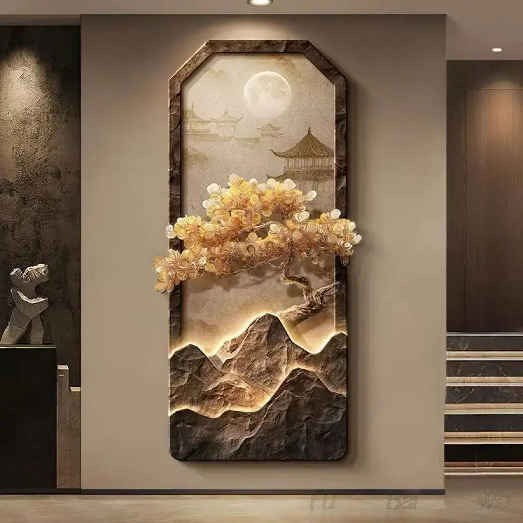 ATELIER-TIBET – Décoration Murale Japonaise Lumineuse avec Arbre Doré et Paysage Zen