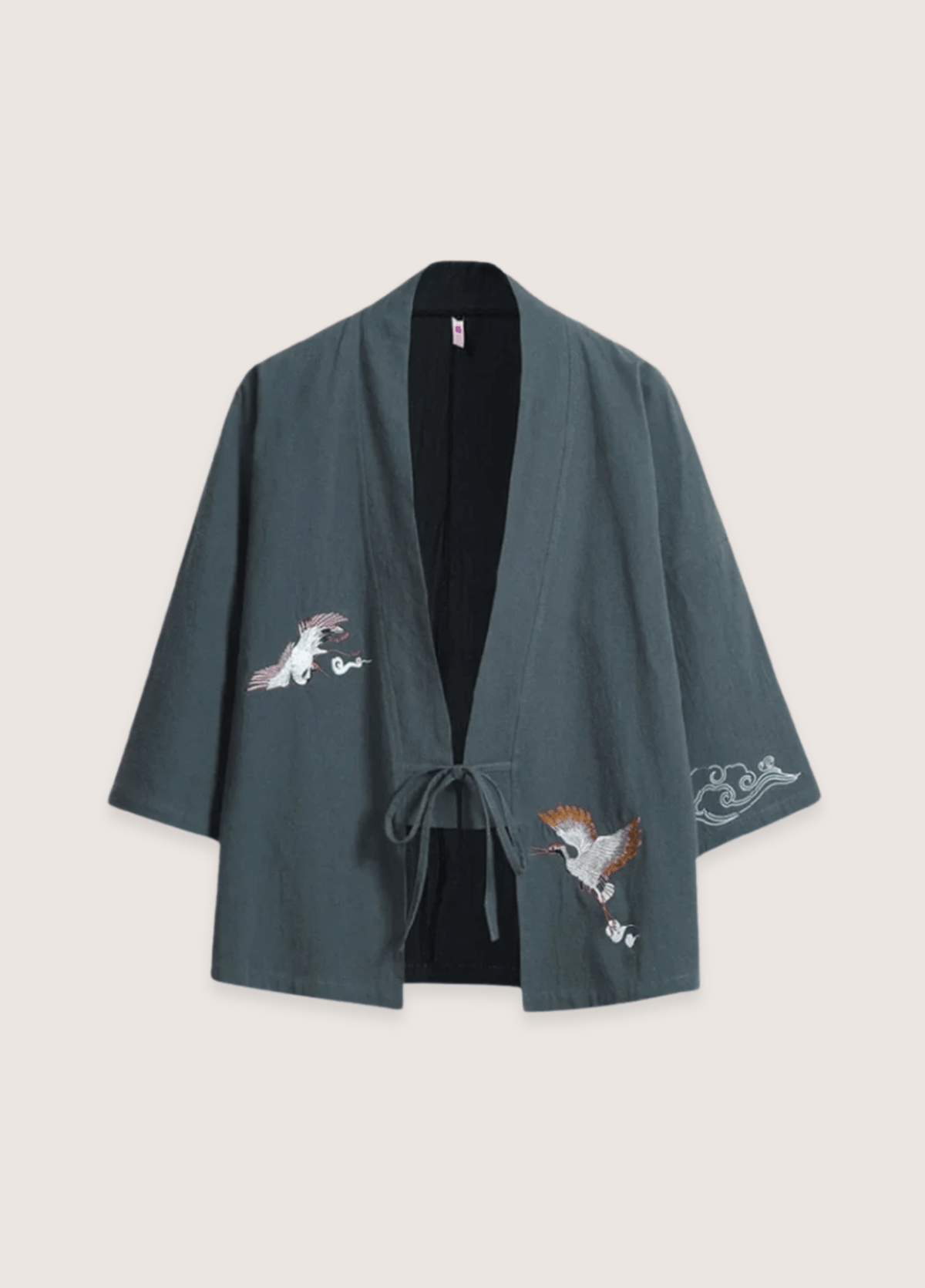 Veste kimono mixte lin motif grue bleu gris