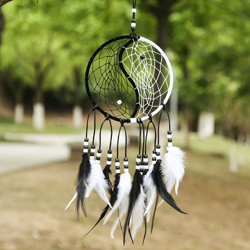 ATELIER-TIBET Attrape-rêves Yin Yang Filet circulaire avec plumes Décoration d'équilibre