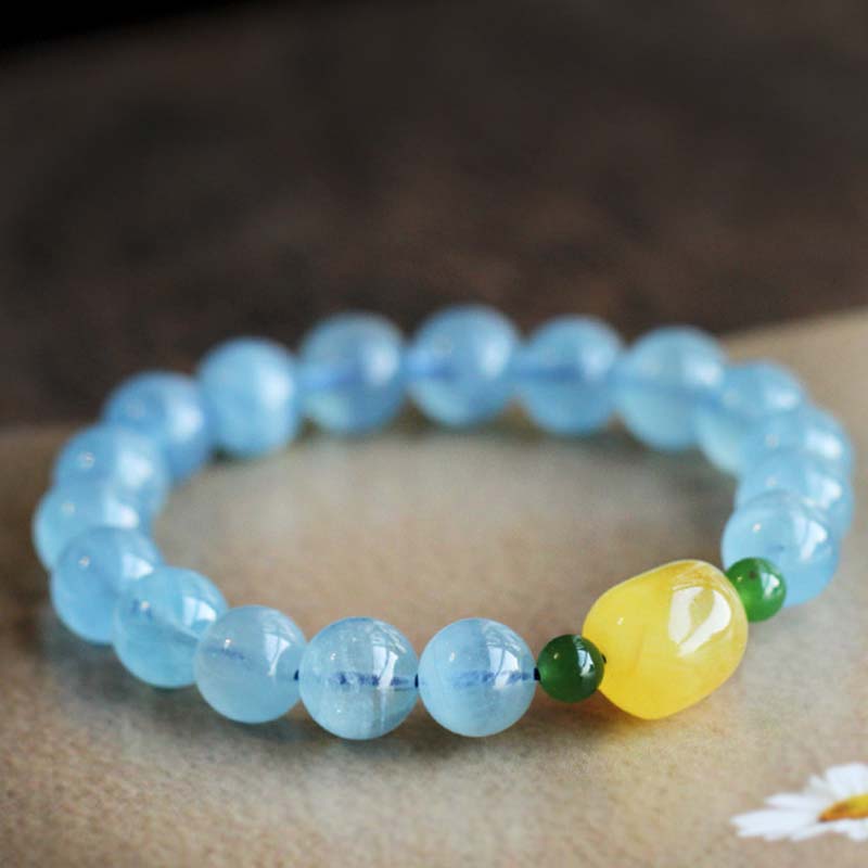 ATELIER-TIBET – Bracelet Sérénité en Aigue-Marine & Ambre Naturels 8 mm | Harmonie & Apaisement Symbolique