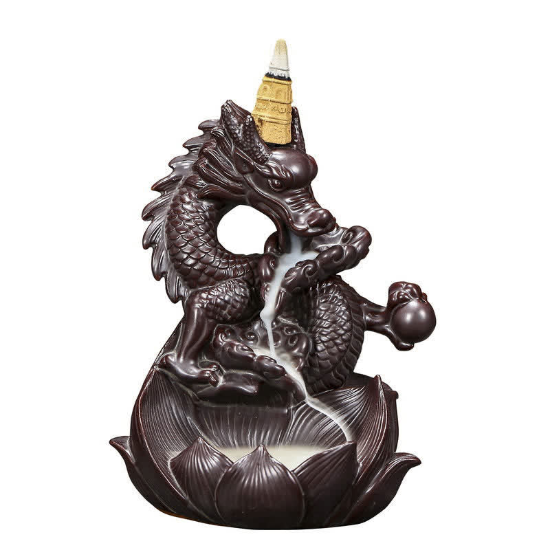 ATELIER-TIBET Brûleur d'encens en céramique à motif de dragon et de lotus