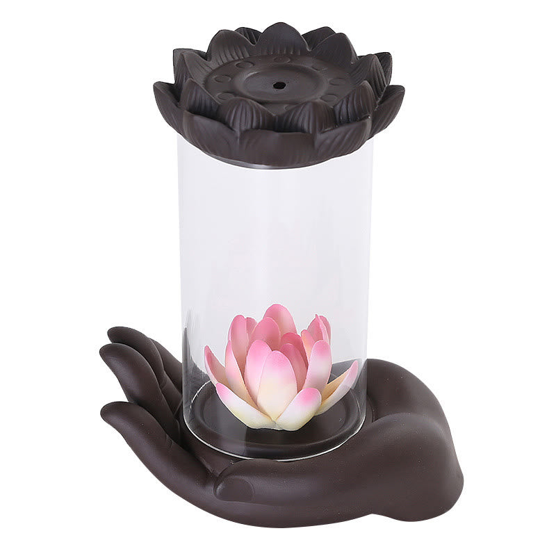 ATELIER-TIBET – Porte-Encens Main de Bouddha Lotus Éveil en Argile Pourpre avec LED