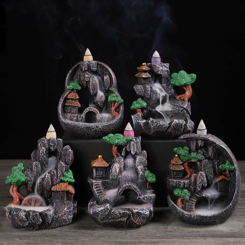 ATELIER-TIBET Brûleur d'encens à reflux en résine de méditation à motif de ponts de montagne