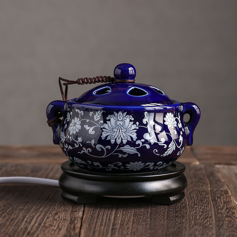ATELIER-TIBET | Brûleur d’Encens Électrique Cloisonné Bleu – Motifs Floraux Peints à la Main
