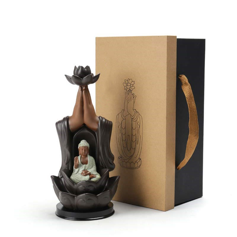 ATELIER-TIBET Brûleur d'encens à reflux en céramique Bouddha Avalokitesvara Chenrezig Ksitigarbha avec bénédiction du lotus
