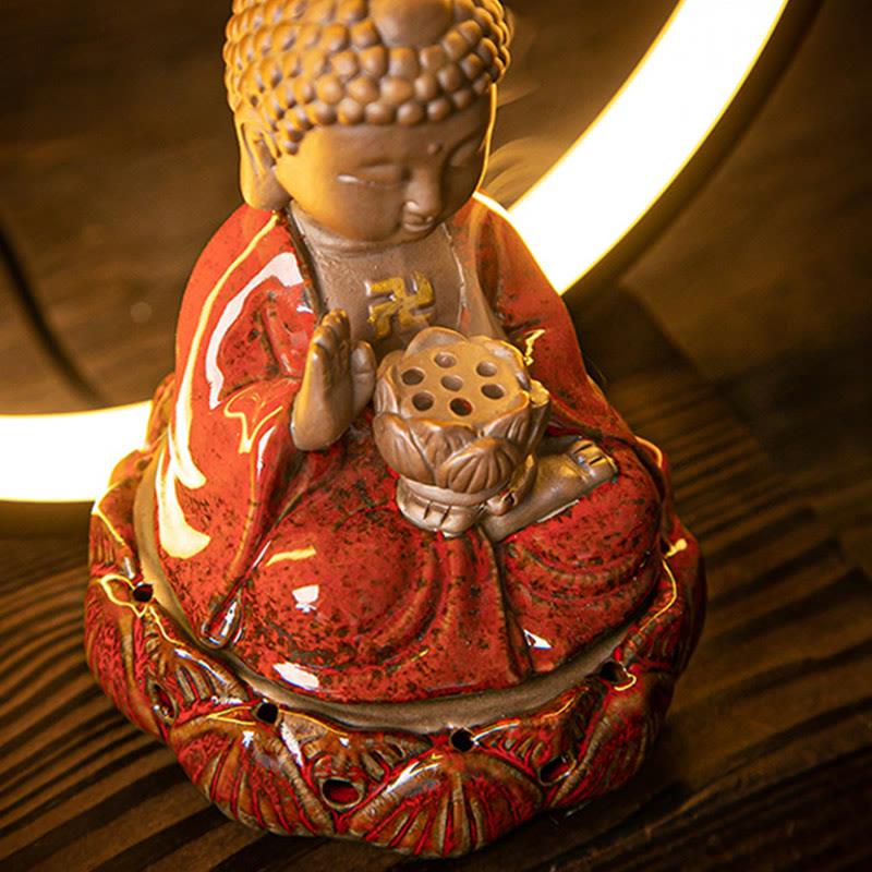 ATELIER-TIBET Brûleur d’Encens Reflux Bouddha Lotus en Céramique – Porte-Encens LED