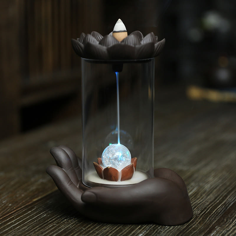 ATELIER-TIBET – Porte-Encens Main de Bouddha Lotus Éveil en Argile Pourpre avec LED