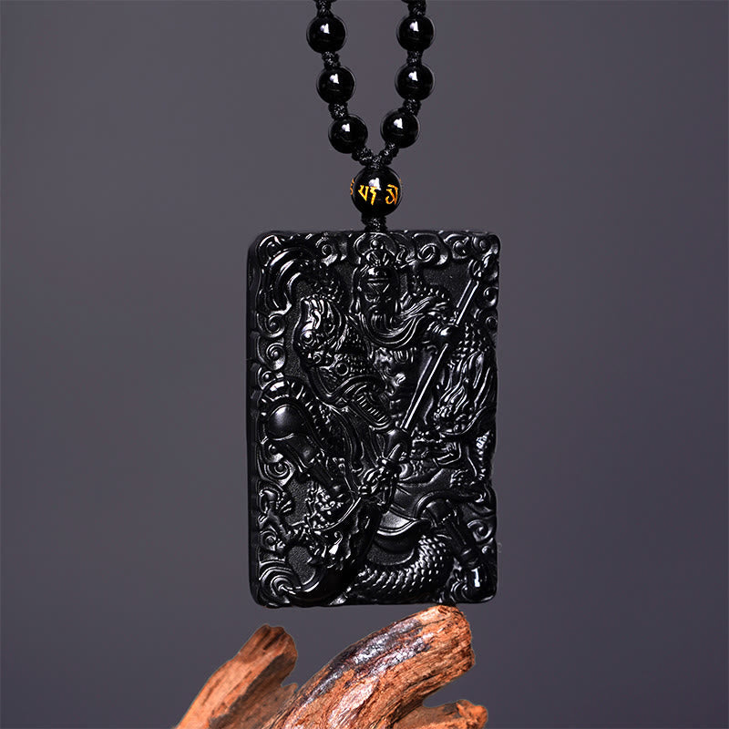 ATELIER-TIBET – Pendentif Guan Gong en Obsidienne Noire Naturelle
