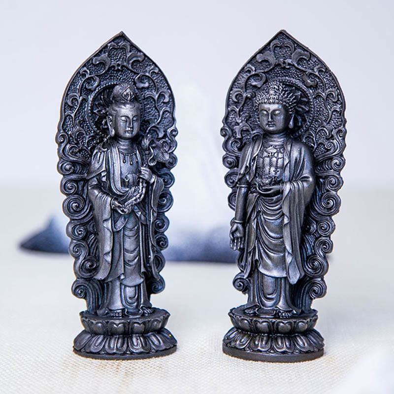ATELIER-TIBET Statue de Buddha Stones en pierre faite à la main Amitabha Guanyin Avalokitesvara Mahasthamaprapta en poudre de fer et résine coulée rouillée