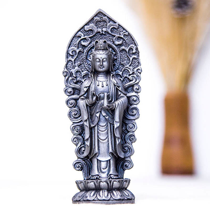 ATELIER-TIBET Statue de Buddha Stones en pierre faite à la main Amitabha Guanyin Avalokitesvara Mahasthamaprapta en poudre de fer et résine coulée rouillée
