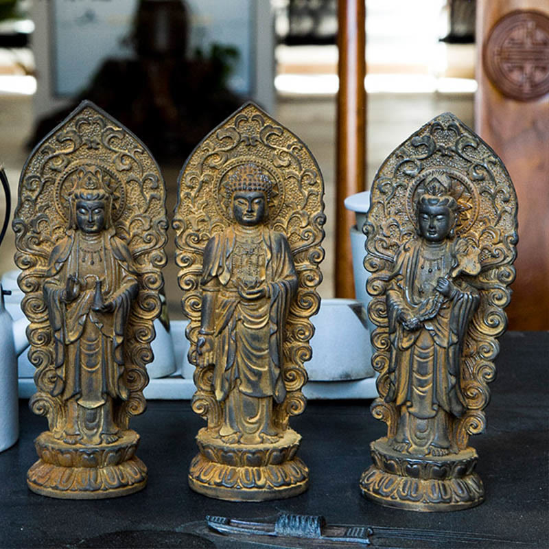 ATELIER-TIBET Statue de Buddha Stones en pierre faite à la main Amitabha Guanyin Avalokitesvara Mahasthamaprapta en poudre de fer et résine coulée rouillée