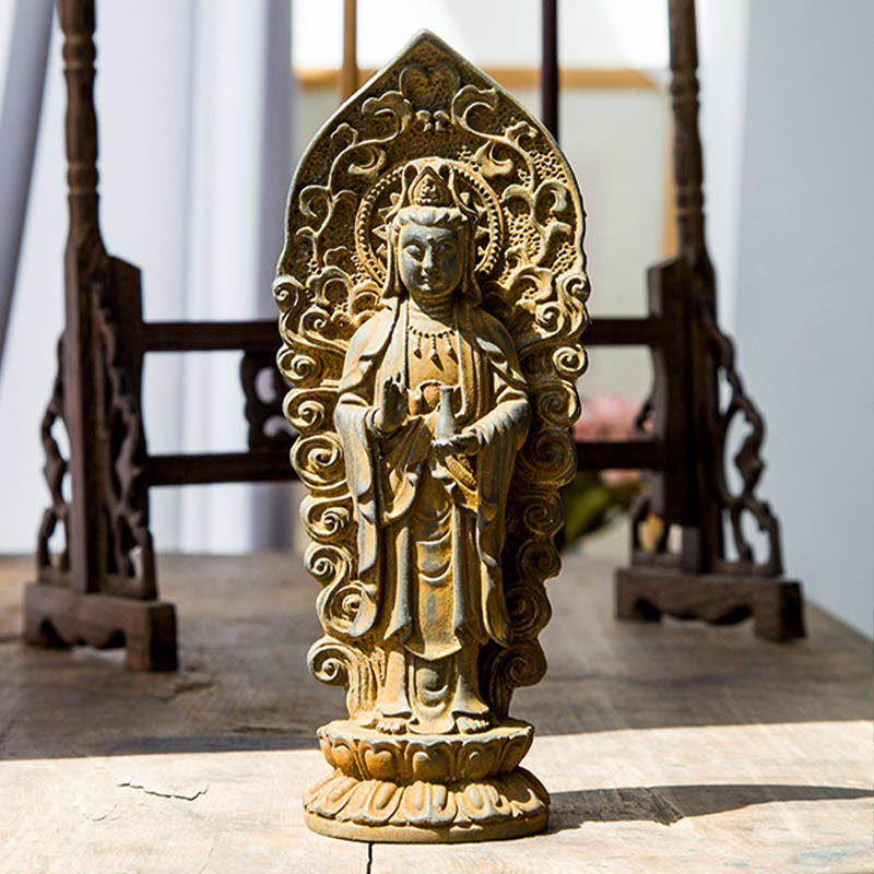 ATELIER-TIBET Statue de Buddha Stones en pierre faite à la main Amitabha Guanyin Avalokitesvara Mahasthamaprapta en poudre de fer et résine coulée rouillée