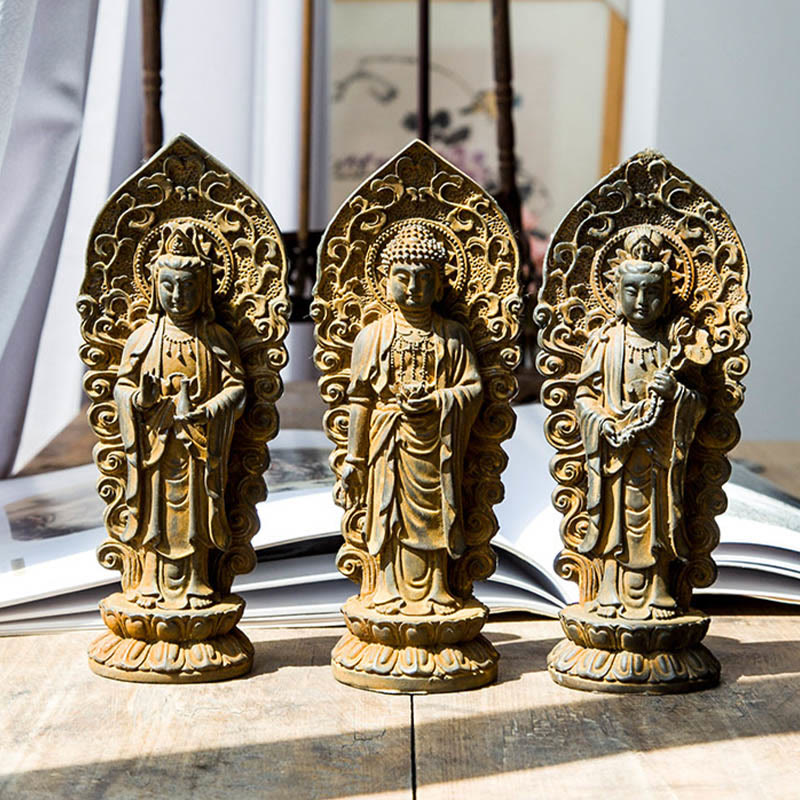 ATELIER-TIBET Statue de Buddha Stones en pierre faite à la main Amitabha Guanyin Avalokitesvara Mahasthamaprapta en poudre de fer et résine coulée rouillée