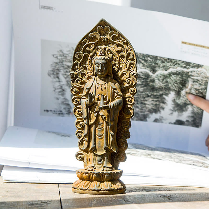 ATELIER-TIBET Statue de Buddha Stones en pierre faite à la main Amitabha Guanyin Avalokitesvara Mahasthamaprapta en poudre de fer et résine coulée rouillée