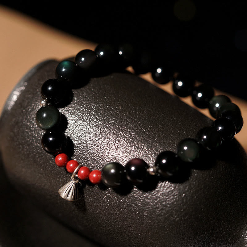 ATELIER-TIBET – Bracelet Force Protectrice en Obsidienne Noire & Lotus – Perles 6 ou 8 mm