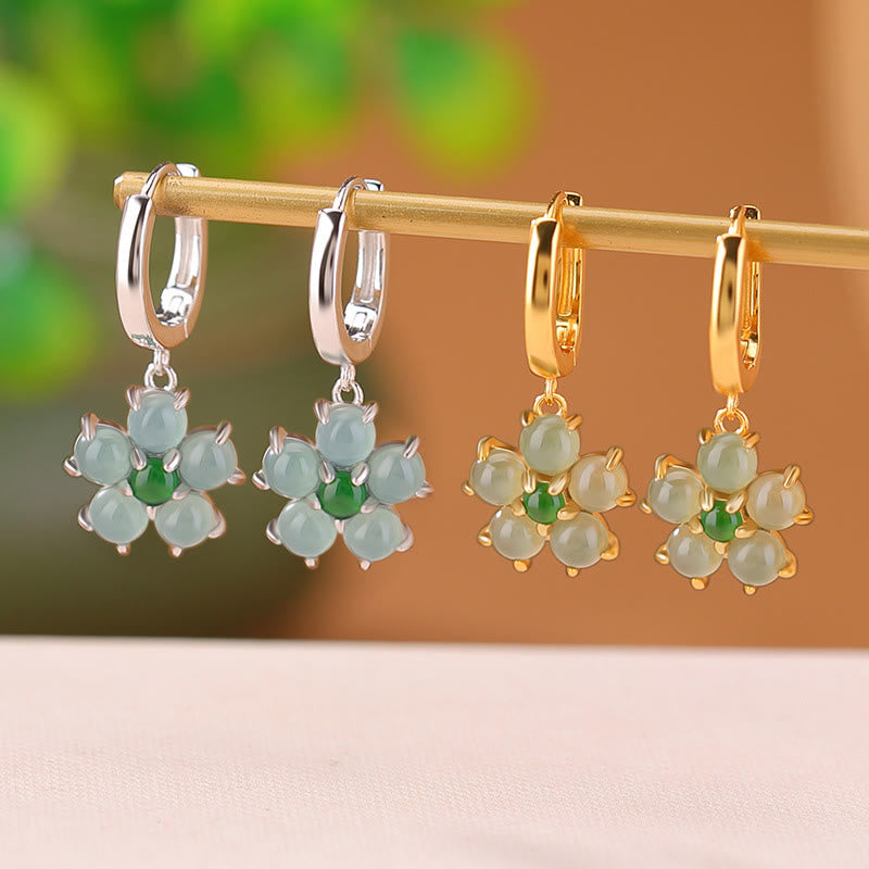 ATELIER-TIBET – Boucles d’Oreilles Fleur en Jade Vert Naturel & Argent 925 Plaqué Or