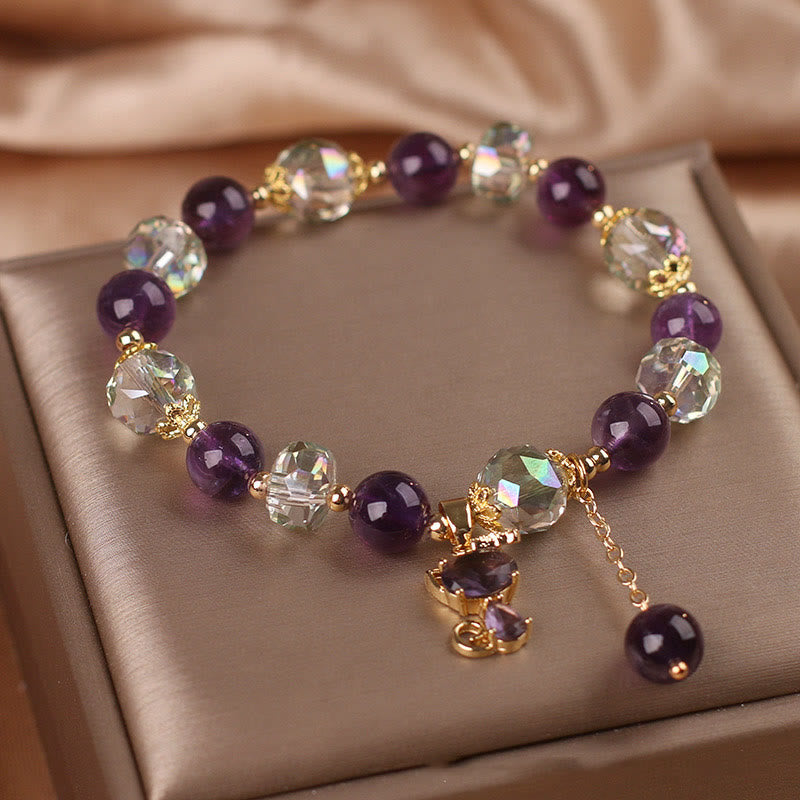 ATELIER-TIBET – Bracelet Méditation en Améthyste & Quartz Clair avec Breloque Renard | Sérénité & Clarté Symbolique