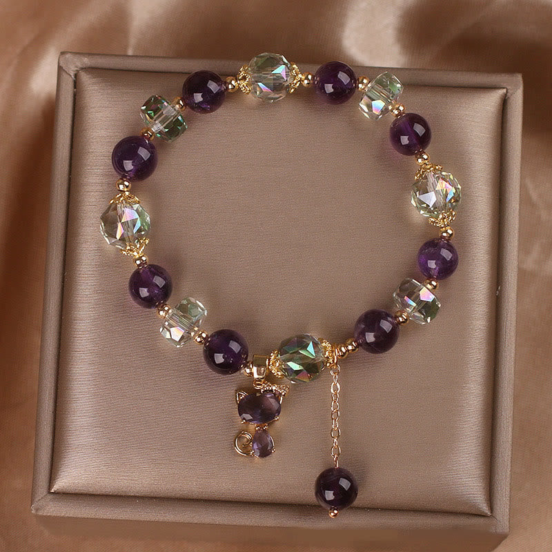 ATELIER-TIBET – Bracelet Méditation en Améthyste & Quartz Clair avec Breloque Renard | Sérénité & Clarté Symbolique