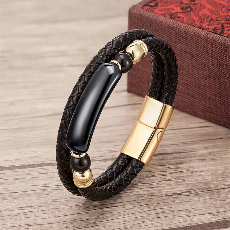 ATELIER-TIBET – Bracelet en Cuir & Pierre Naturelle Œil de Tigre Doré, Fermoir Magnétique