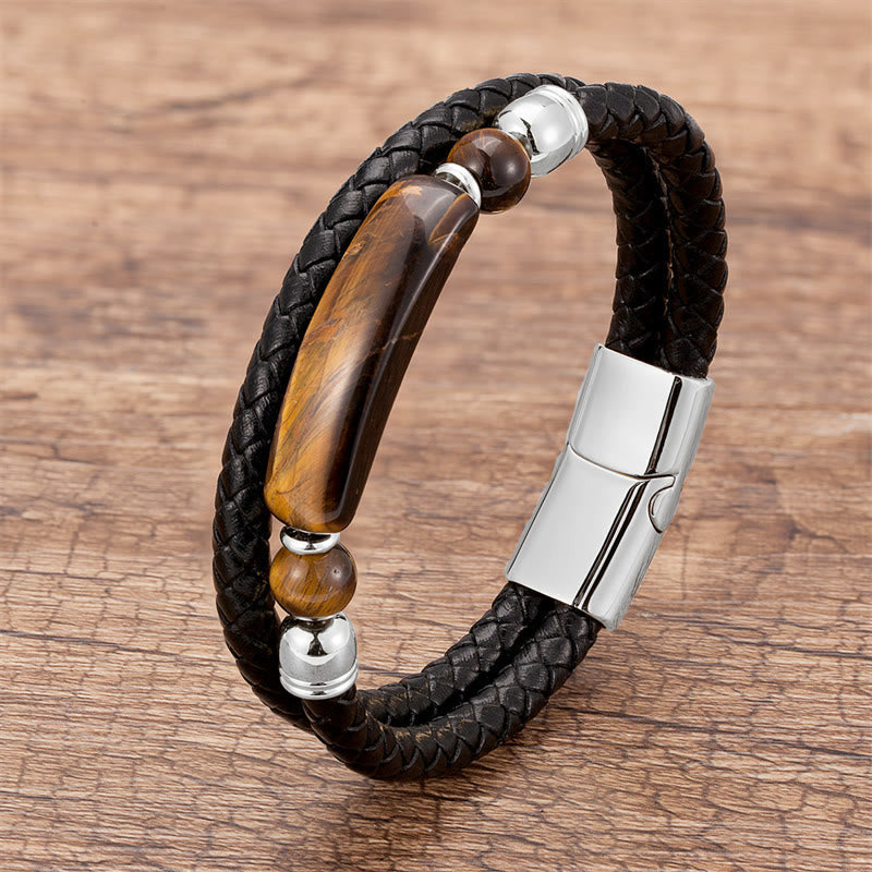 ATELIER-TIBET – Bracelet en Cuir & Pierre Naturelle Œil de Tigre Doré, Fermoir Magnétique