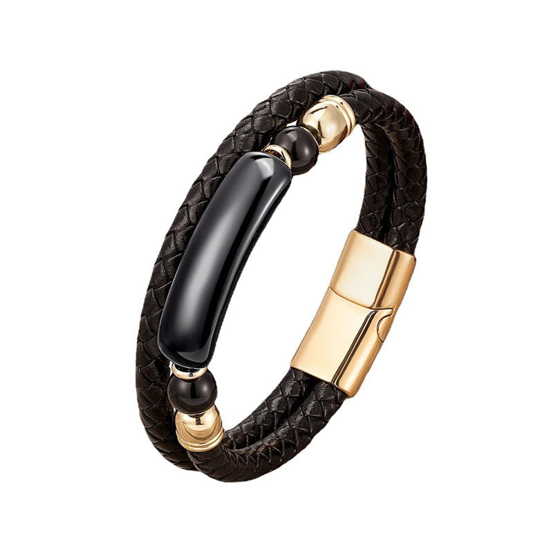 ATELIER-TIBET – Bracelet en Cuir & Pierre Naturelle Œil de Tigre Doré, Fermoir Magnétique