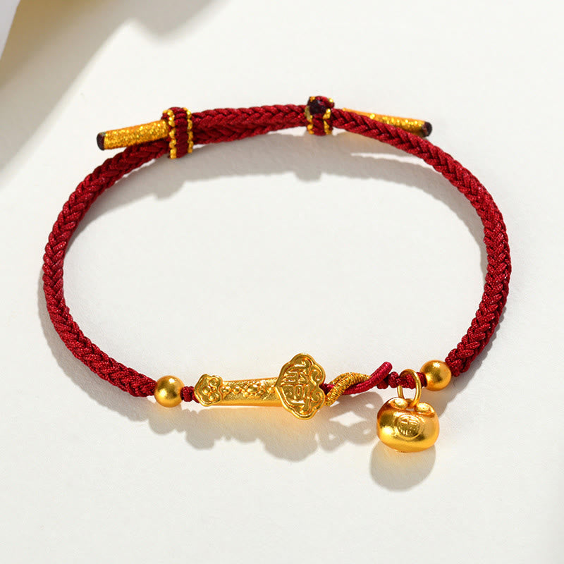 ATELIER-TIBET – Bracelet Tressé Porte-Bonheur Fil Rouge Fu & Bâton Ruyi