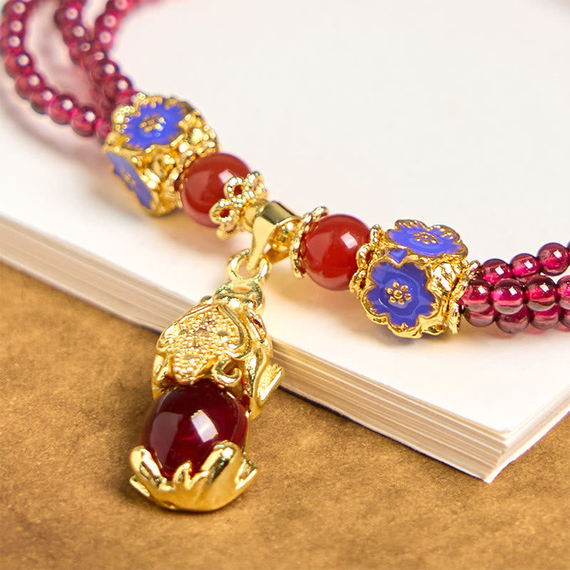 ATELIER-TIBET – Bracelet Pixiu Purification Multicouche en Grenat Naturel 3 mm | Protection & Abondance Symbolique