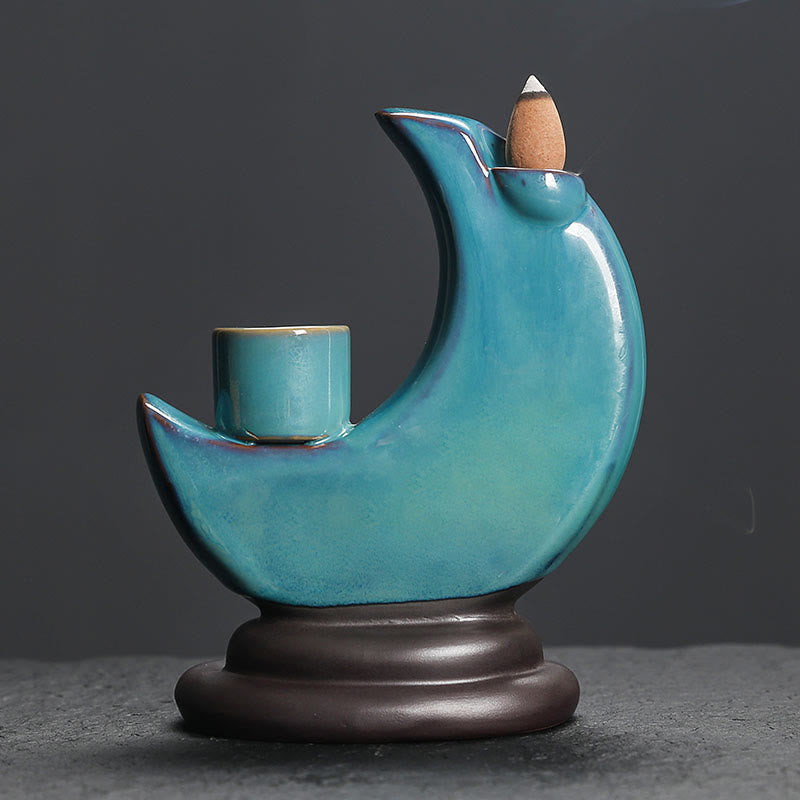 ATELIER-TIBET – Brûleur d’Encens Lune Croissante Bleu en Céramique à Reflux – 12,2 cm