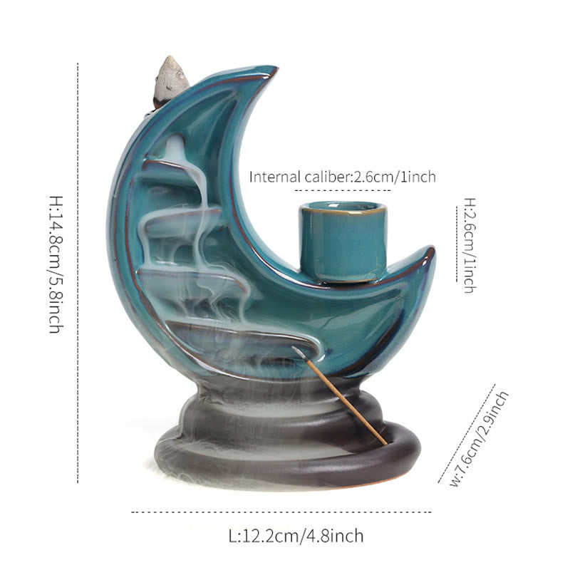 ATELIER-TIBET – Brûleur d’Encens Lune Croissante Bleu en Céramique à Reflux – 12,2 cm