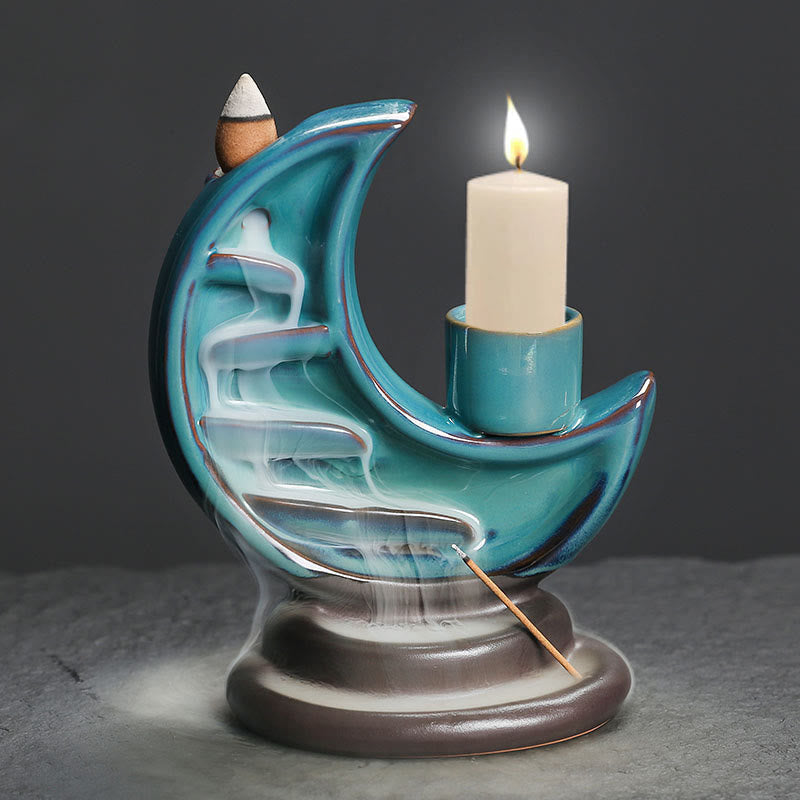 ATELIER-TIBET – Brûleur d’Encens Lune Croissante Bleu en Céramique à Reflux – 12,2 cm