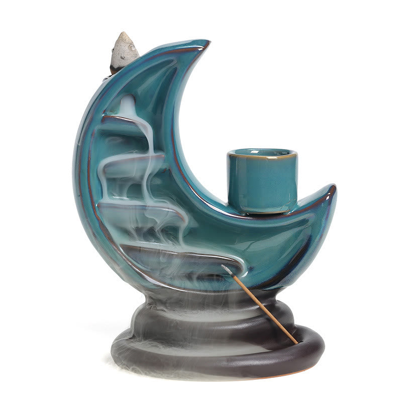 ATELIER-TIBET – Brûleur d’Encens Lune Croissante Bleu en Céramique à Reflux – 12,2 cm