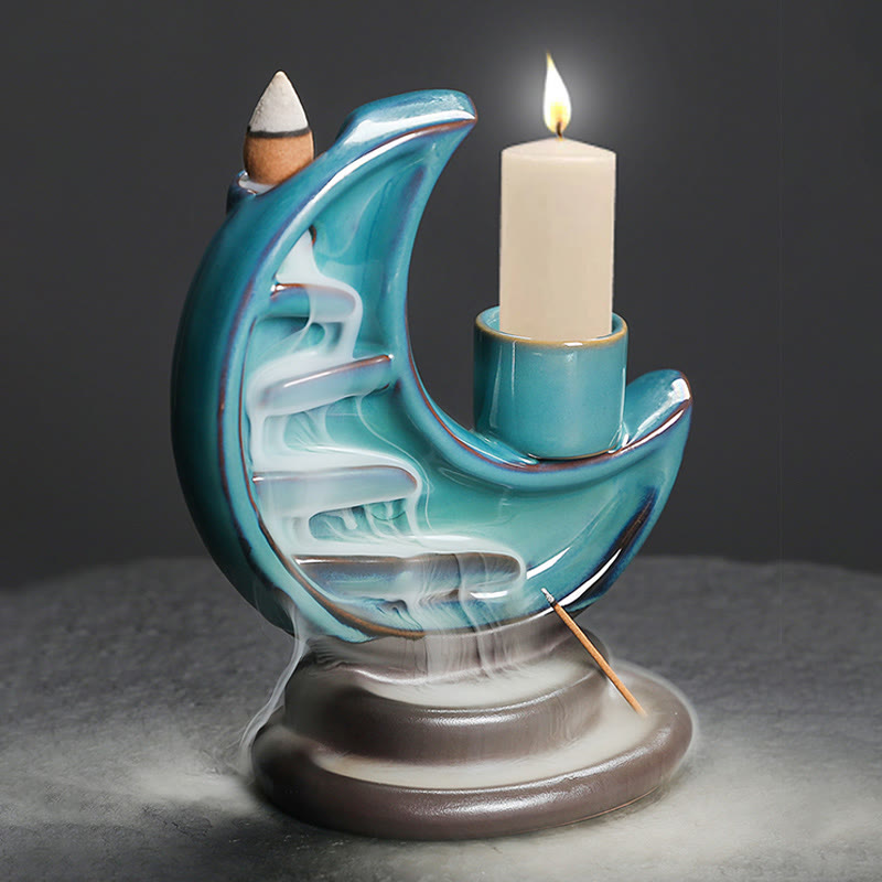 ATELIER-TIBET – Brûleur d’Encens Lune Croissante Bleu en Céramique à Reflux – 12,2 cm