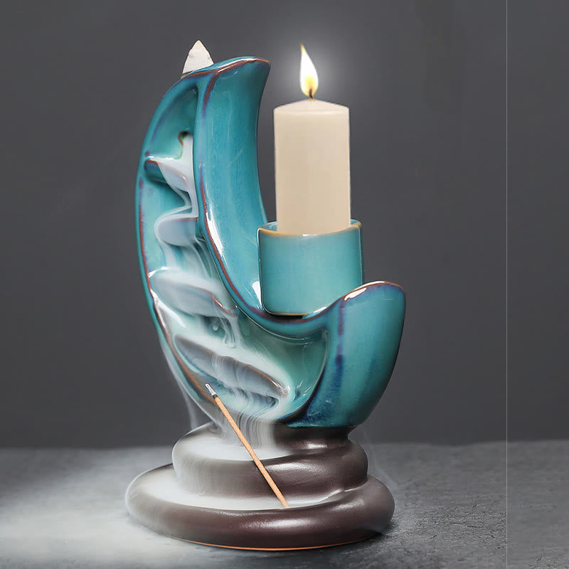 ATELIER-TIBET – Brûleur d’Encens Lune Croissante Bleu en Céramique à Reflux – 12,2 cm