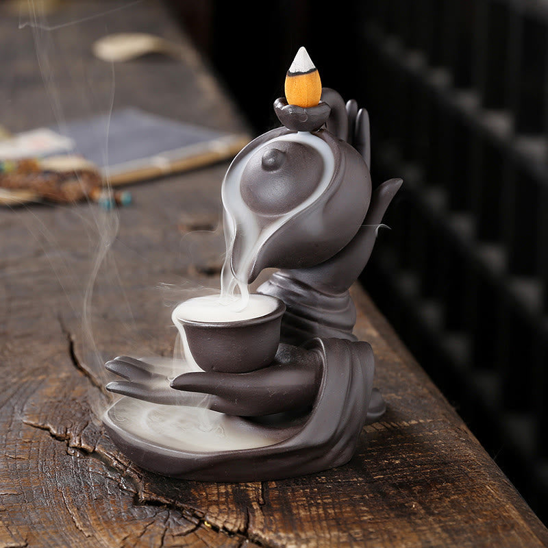 ATELIER-TIBET – Porte-Encens Main de Bouddha Céramique – Effet Fumée à Reflux 13,7 cm