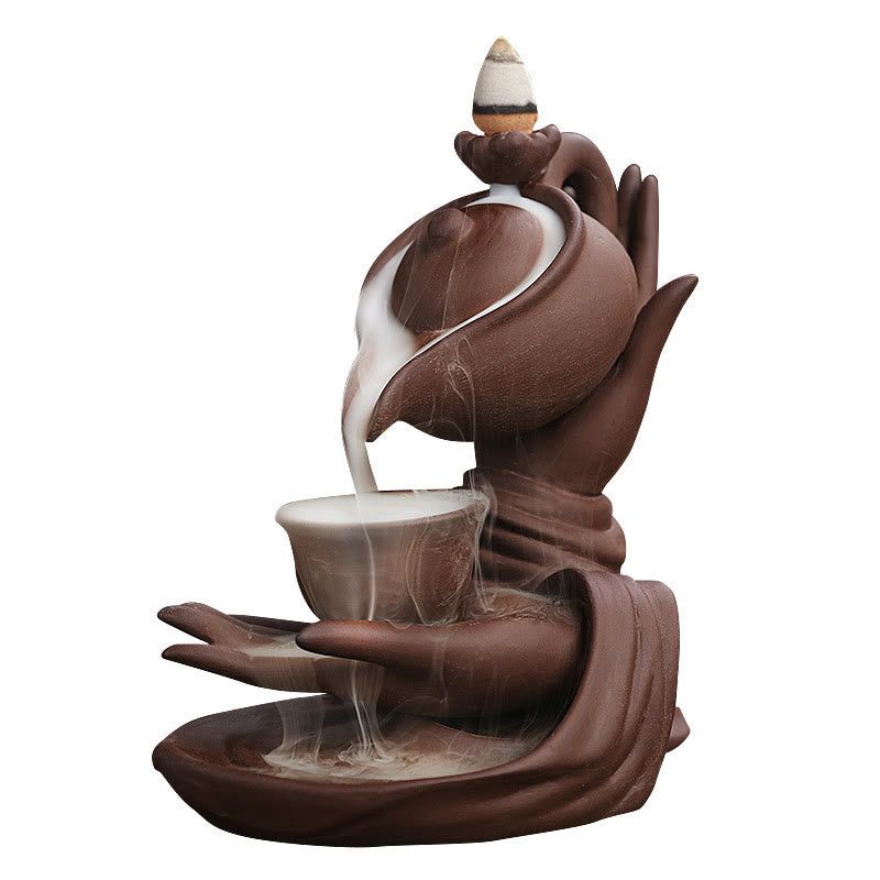ATELIER-TIBET – Porte-Encens Main de Bouddha Céramique – Effet Fumée à Reflux 13,7 cm