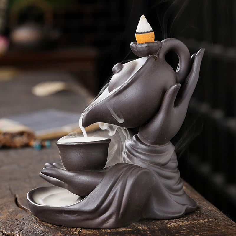 ATELIER-TIBET – Porte-Encens Main de Bouddha Céramique – Effet Fumée à Reflux 13,7 cm