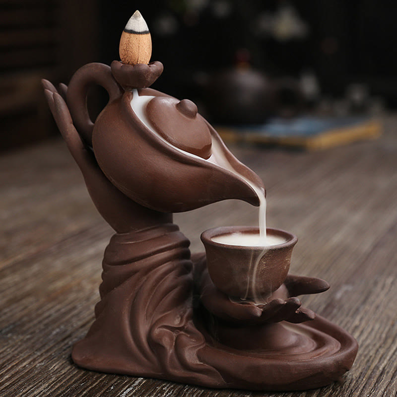 ATELIER-TIBET Bouddha Main Tenant Théière Tasse Céramique Fontaine de Fumée à Refoulement Brûleur d'Encens de Guérison Décoration
