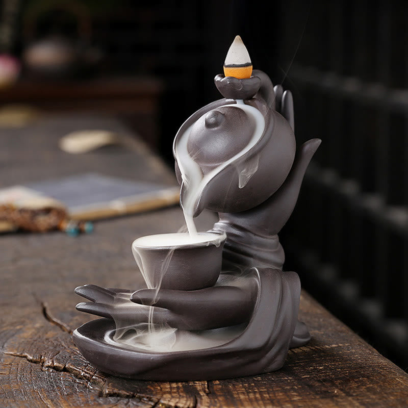 ATELIER-TIBET Bouddha Main Tenant Théière Tasse Céramique Fontaine de Fumée à Refoulement Brûleur d'Encens de Guérison Décoration